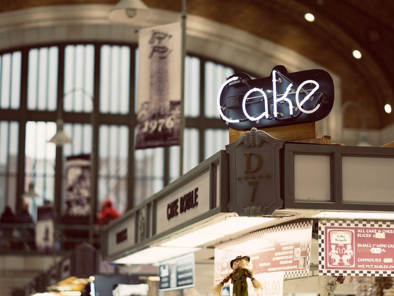 A bakery display of finished cakes