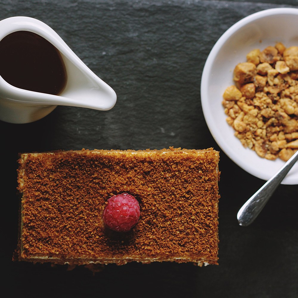 A honey cake, glazed and ready to serve